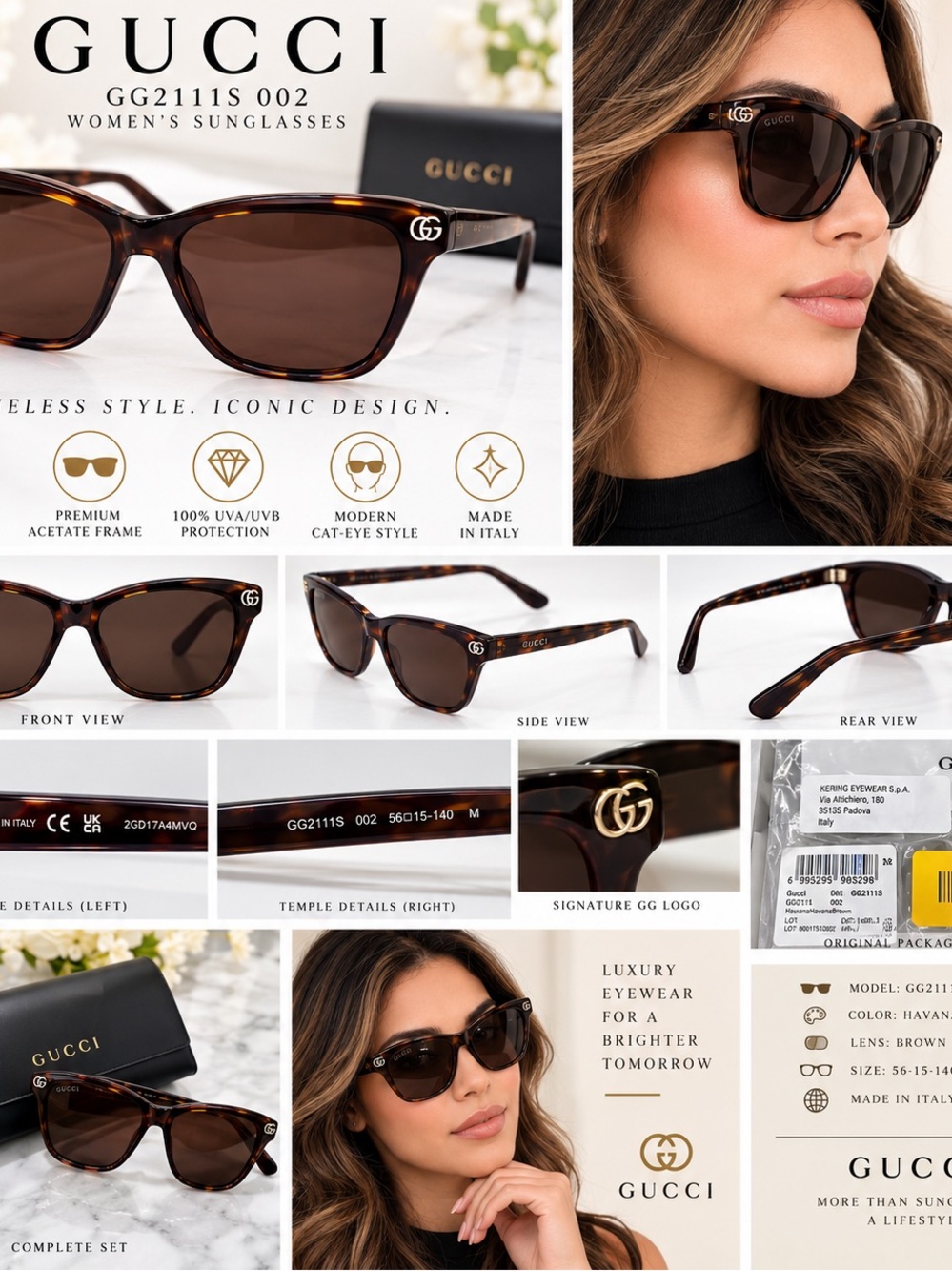 Gucci Havana Brown Cat-Eye Sunglasses with GG Logo